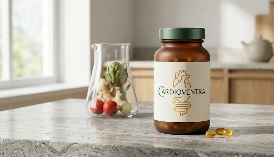 Cardioventra supplement packaging on neutral background